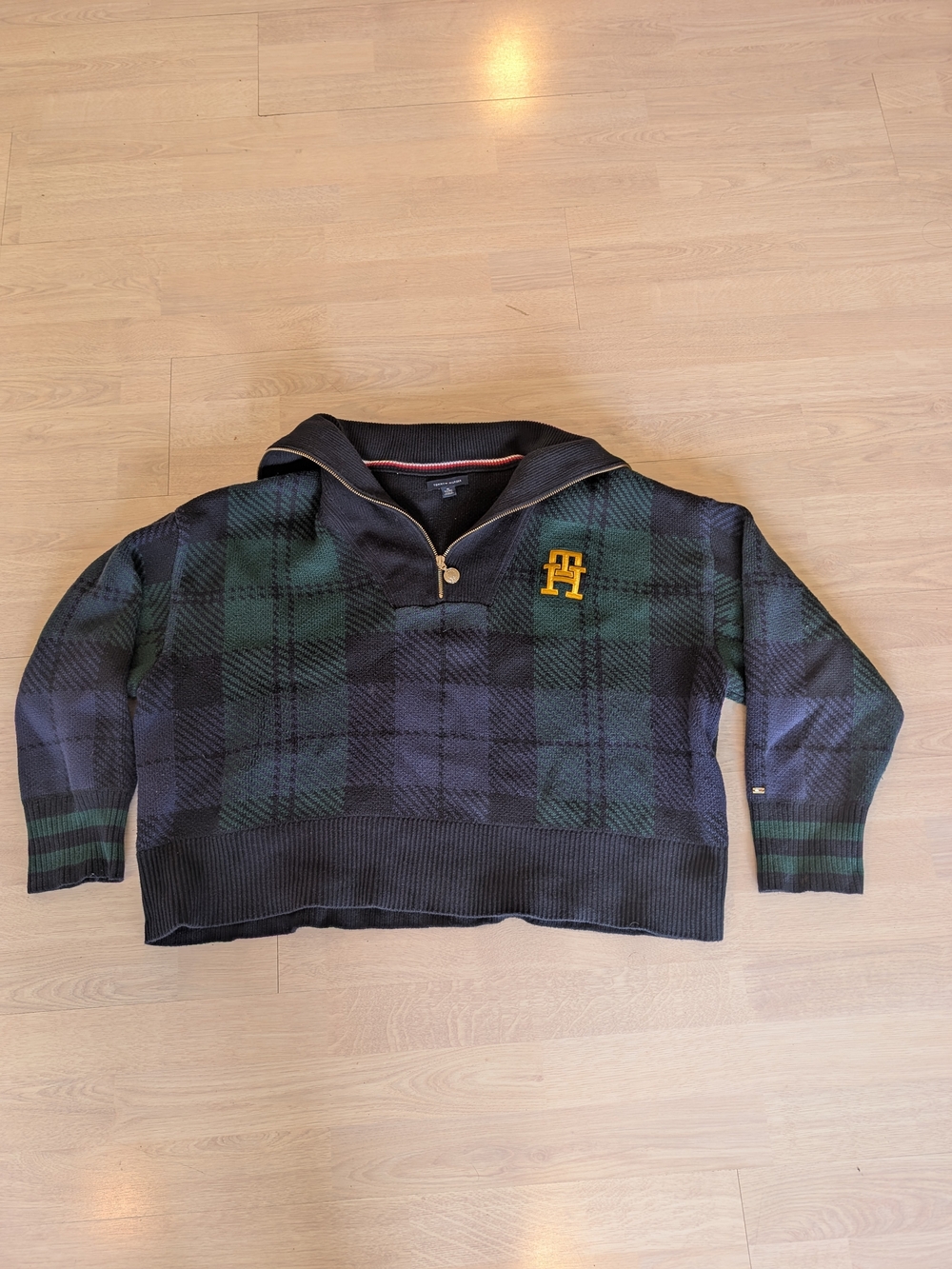 Tommy Hilfiger Navy and Green Plaid Half-Zip Sweater